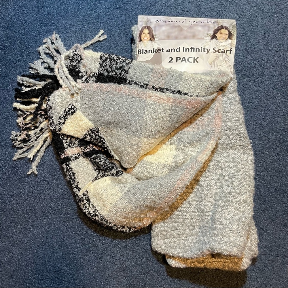 Emanuel Geraldo SUPER SOFT Cozy Gray, Pink & Black Scarf/Blanket Set